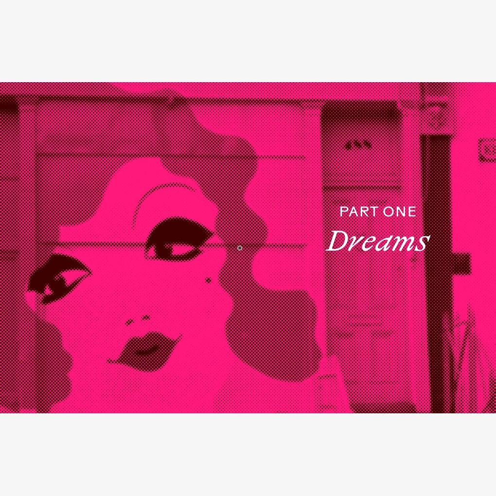 An interior spread, featuring a pink pop art image